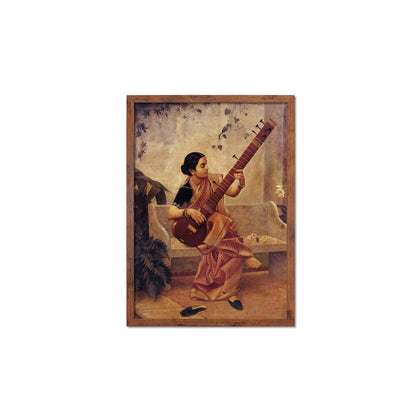 Framed Mounted Indian Art Vintage Print Poster Antique Raja Ravi Varma Kadambari Music Hath Charm Hindu Kerala Painting Pretty Veena Sitar