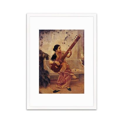 Framed Mounted Indian Art Vintage Print Poster Antique Raja Ravi Varma Kadambari Music Hath Charm Hindu Kerala Painting Pretty Veena Sitar