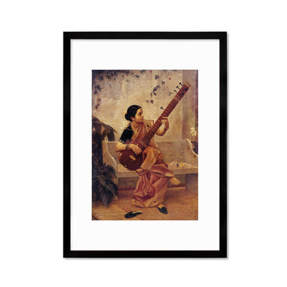 Framed Mounted Indian Art Vintage Print Poster Antique Raja Ravi Varma Kadambari Music Hath Charm Hindu Kerala Painting Pretty Veena Sitar
