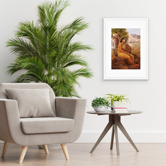 Framed Mounted Indian Art Vintage Print Poster Antique Raja Ravi Varma Shakuntala Lost in Dushyanta's Thoughts Hindu Kerala Painting Saree