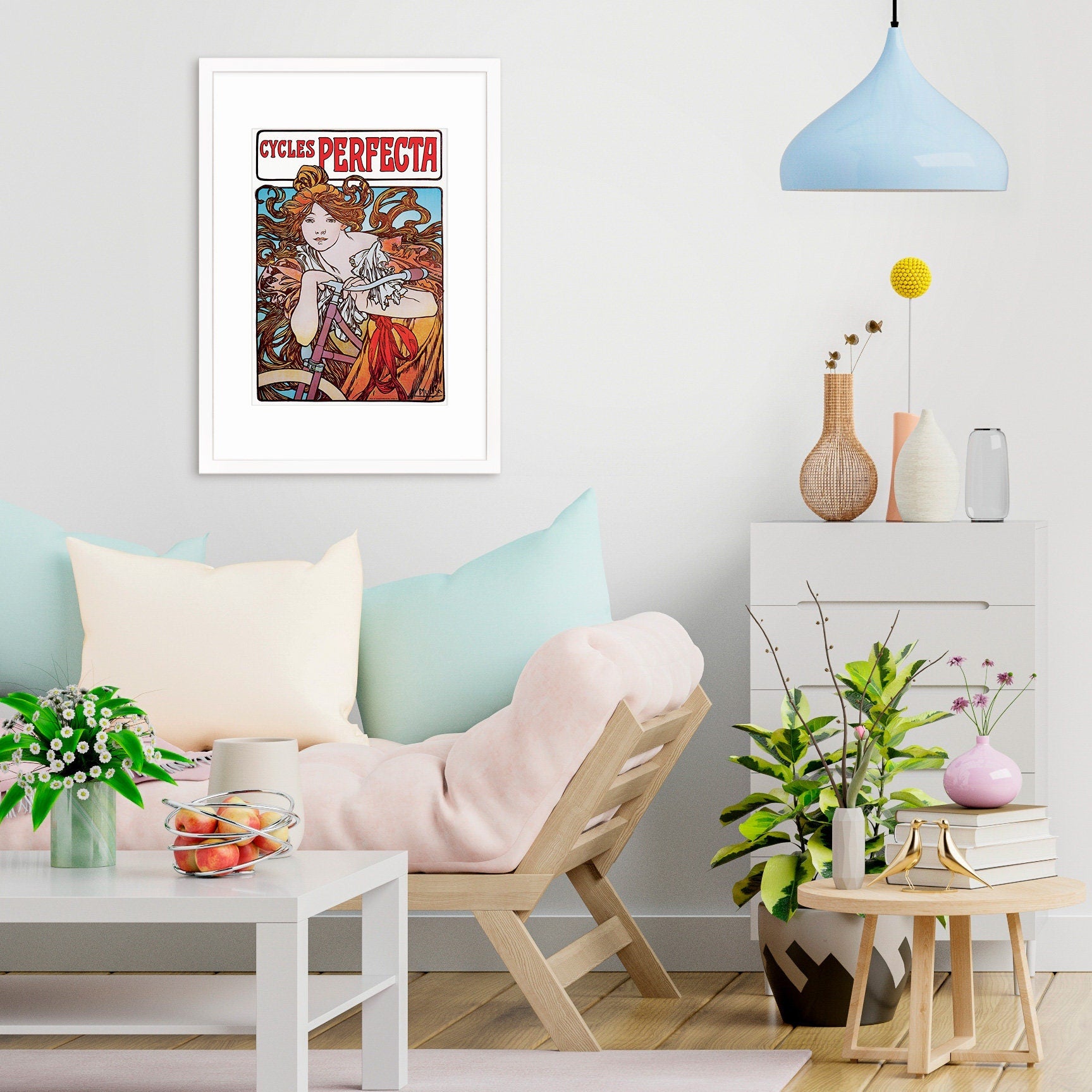 Framed Mounted Alphonse Mucha Cycles Perfecta Vintage Art Print Poster Wall Antique Quirky Illustration Fairy Bicycle Victorian Beautiful