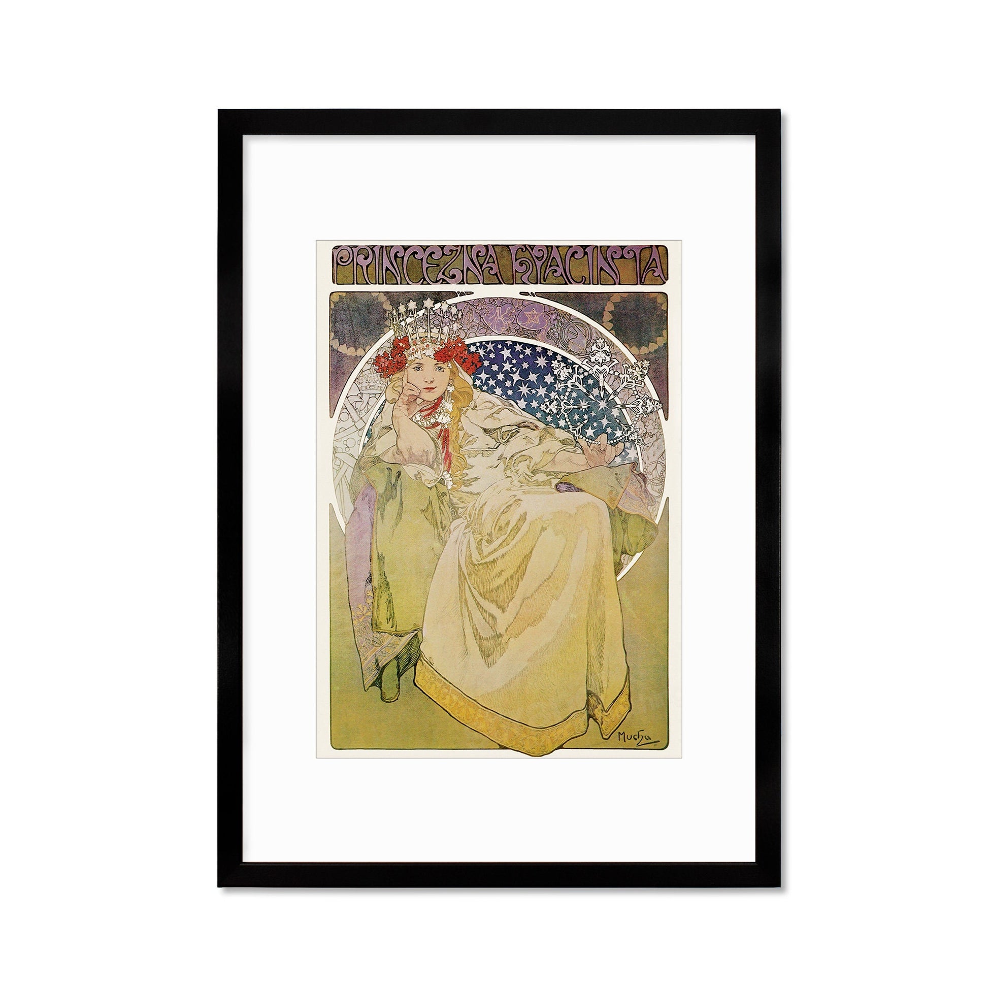 Framed Mounted Alphonse Mucha Princess Hyacinth Vintage Art Print Poster Wall Antique Quirky Illustration Fairy Floral Victorian Beautiful