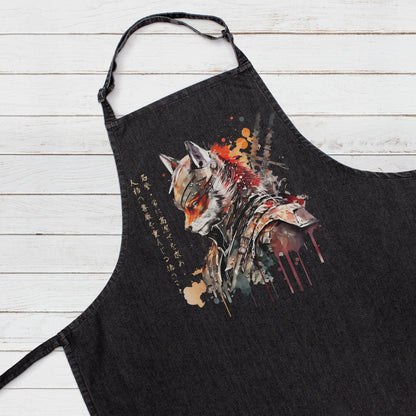 Japanese Samurai Fox Kitsune Printed Apron Baking Cooking Calligraphy Anime Traditional Chef Womens Mens Full Length One Size Gifts Gift