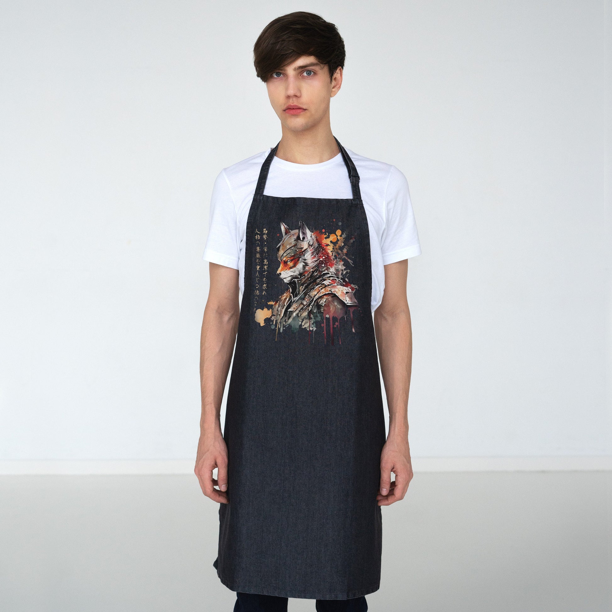 Japanese Samurai Fox Kitsune Printed Apron Baking Cooking Calligraphy Anime Traditional Chef Womens Mens Full Length One Size Gifts Gift