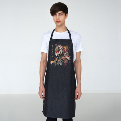 Japanese Samurai Fox Kitsune Printed Apron Baking Cooking Calligraphy Anime Traditional Chef Womens Mens Full Length One Size Gifts Gift
