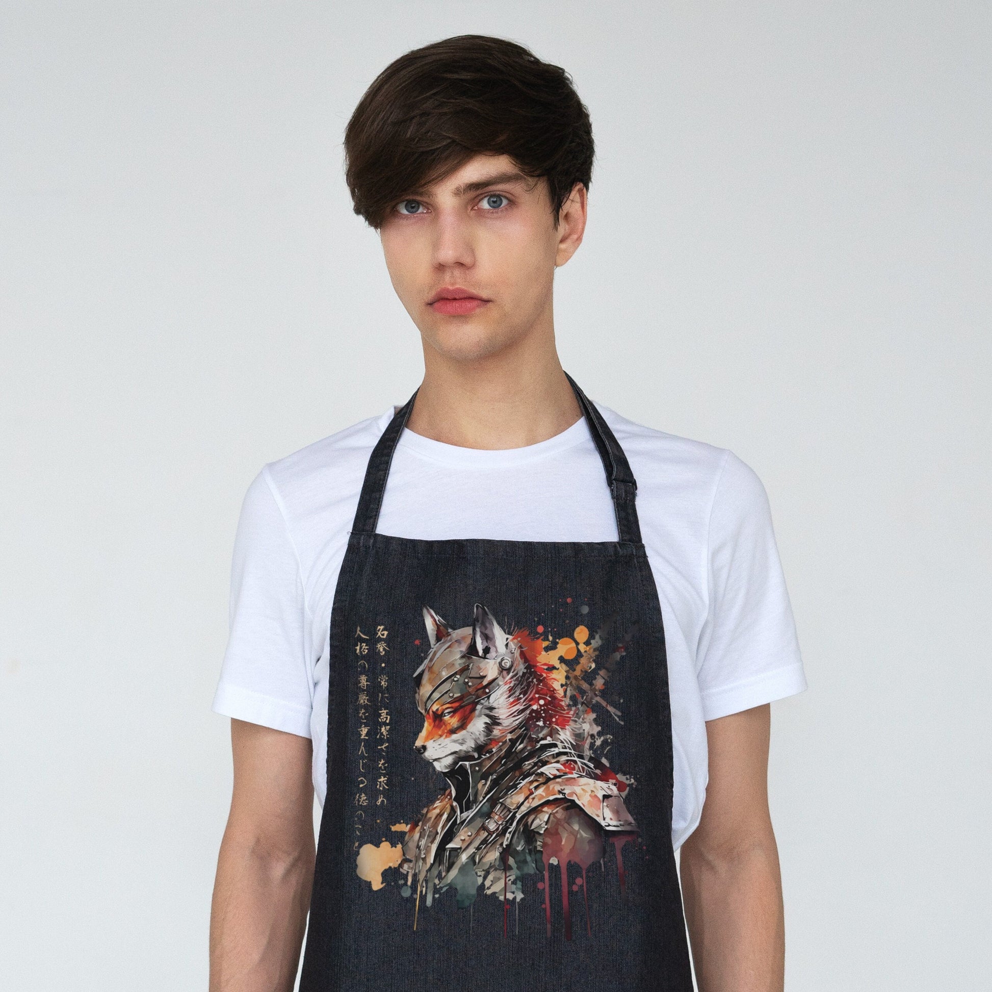 Japanese Samurai Fox Kitsune Printed Apron Baking Cooking Calligraphy Anime Traditional Chef Womens Mens Full Length One Size Gifts Gift