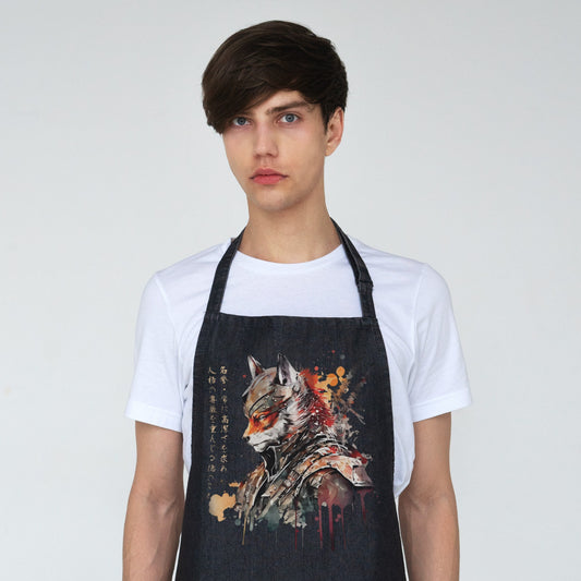 Japanese Samurai Fox Kitsune Printed Apron Baking Cooking Calligraphy Anime Traditional Chef Womens Mens Full Length One Size Gifts Gift