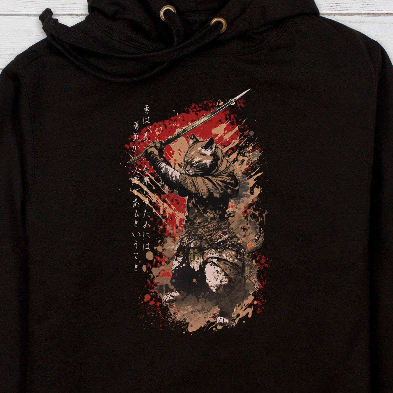 Japanese Samurai Cat Neko Hoodie Calligraphy Traditional Art Courage Yuki Anime Manga Martial Arts Womens Mens Sweatshirt Printed Hooded Top