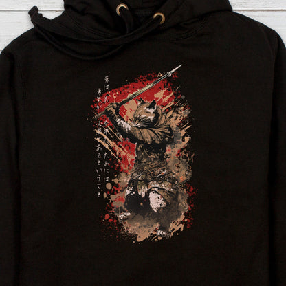 Japanese Samurai Cat Neko Hoodie Calligraphy Traditional Art Courage Yuki Anime Manga Martial Arts Womens Mens Sweatshirt Printed Hooded Top