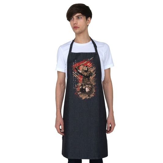 Japanese Samurai Cat Neko Printed Apron Baking Cooking Japan Calligraphy Anime Traditional Chef Womens Mens Full Length One Size Gifts Gift