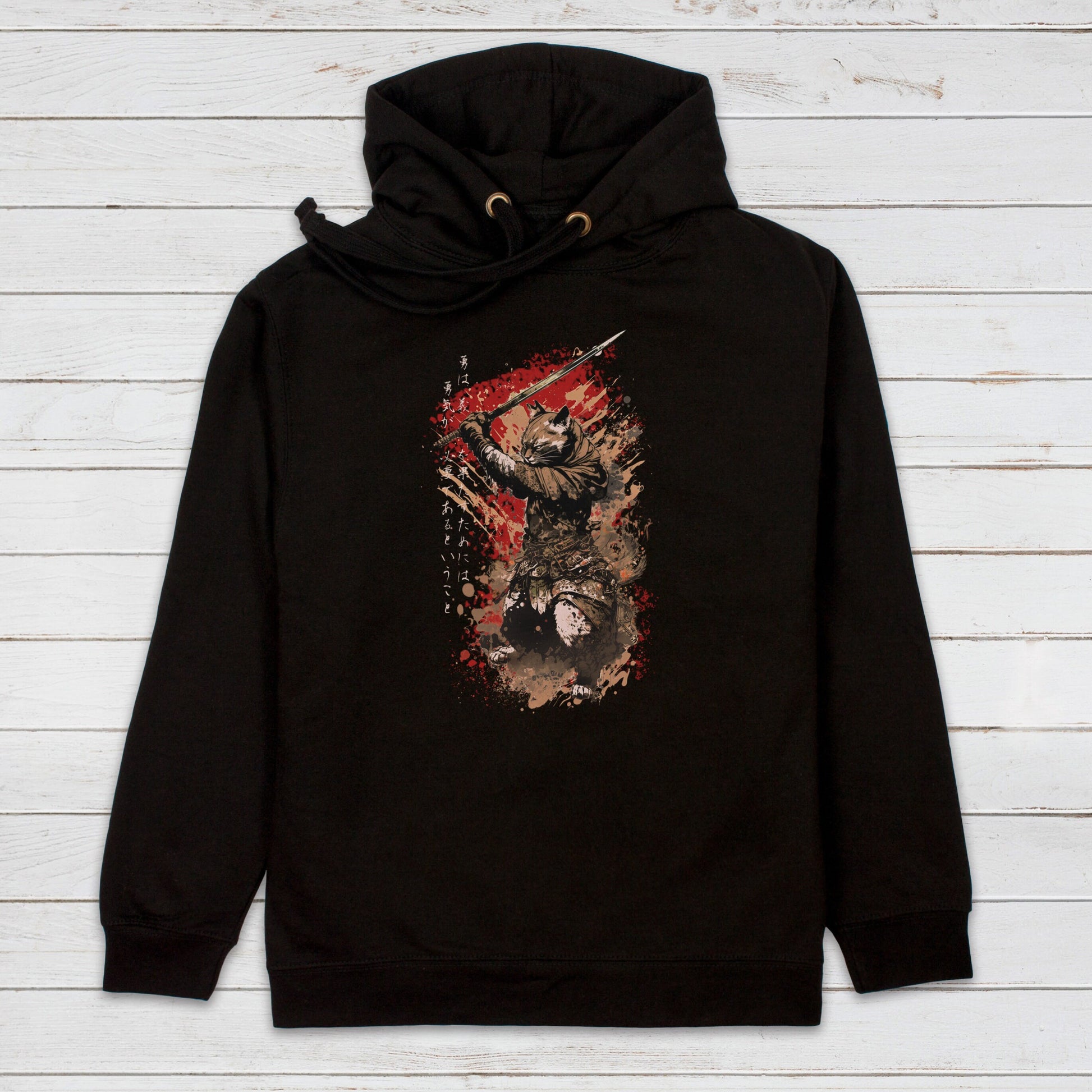 Japanese Samurai Cat Neko Hoodie Calligraphy Traditional Art Courage Yuki Anime Manga Martial Arts Womens Mens Sweatshirt Printed Hooded Top