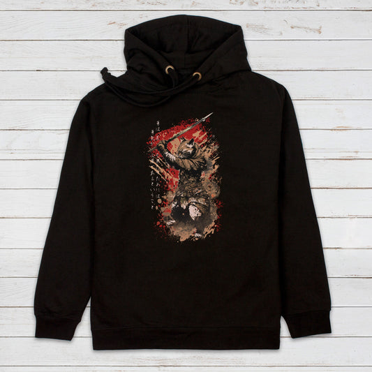 Japanese Samurai Cat Neko Hoodie Calligraphy Traditional Art Courage Yuki Anime Manga Martial Arts Womens Mens Sweatshirt Printed Hooded Top