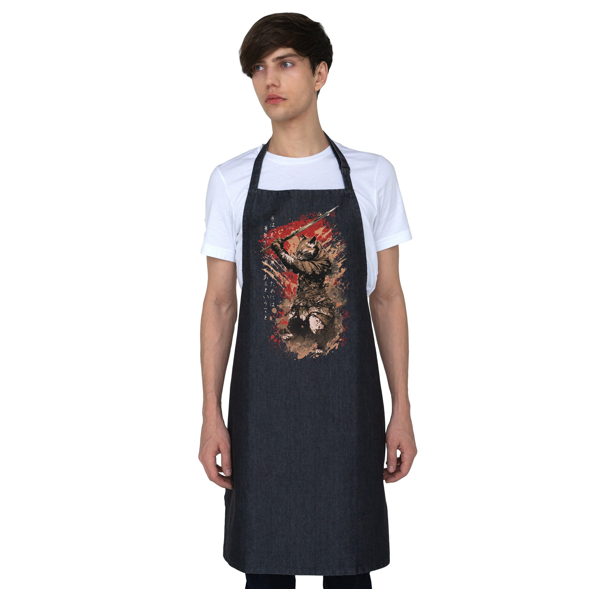 Japanese Samurai Cat Neko Printed Apron Baking Cooking Japan Calligraphy Anime Traditional Chef Womens Mens Full Length One Size Gifts Gift