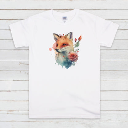 Fox T Shirt Kawaii Cute Kitsune Cub Vixen Wild Animal Nature Earth Flowers Vegan Y2K Pretty Watercolour Art Womens Mens Printed Tee Top Gift