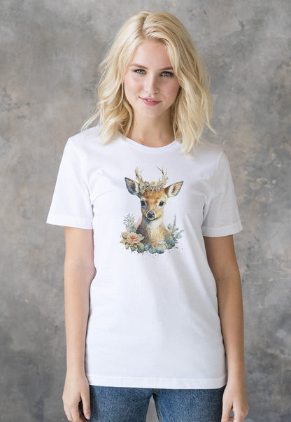 Deer T Shirt Kawaii Cute Fawn Doe Wild Baby Animal Nature Earth Reindeer Vegan Y2K Pretty Watercolour Art Womens Mens Printed Tee Top Gift