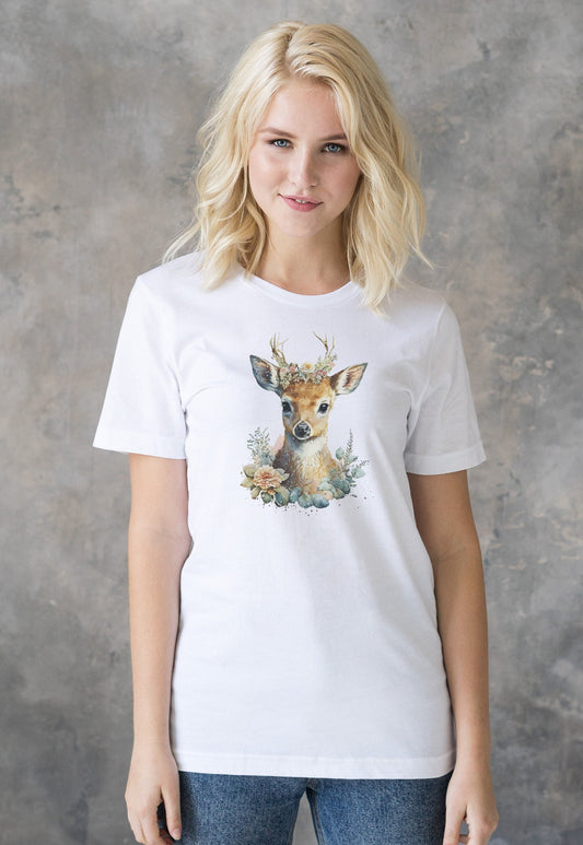 Deer T Shirt Kawaii Cute Fawn Doe Wild Baby Animal Nature Earth Reindeer Vegan Y2K Pretty Watercolour Art Womens Mens Printed Tee Top Gift