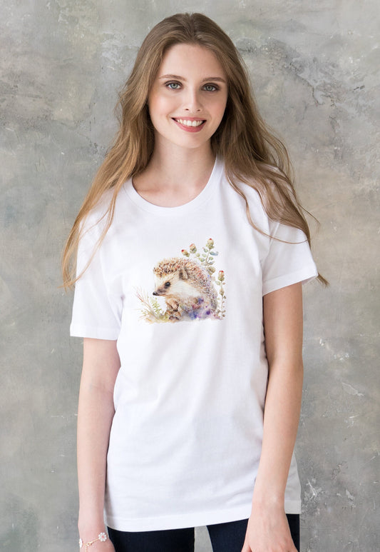 Hedgehog T Shirt Kawaii Cute Wild Baby Animal Cub Nature Earth Flowers Vegan Y2K Pretty Watercolour Art Womens Mens Printed Tee Top Gift