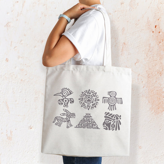 Aztec Symbols Canvas Tote Bag Traditional Art Yoga Pretty Cute Cool Mayan Cotton Reusable Shopper Printed Eco Friendly Market Christmas Gift