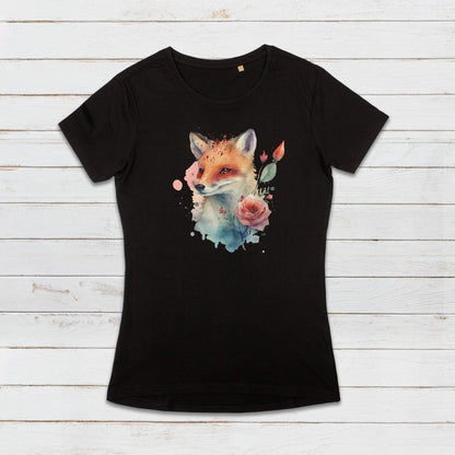 Fox T Shirt Kawaii Cute Kitsune Cub Vixen Wild Animal Nature Earth Flowers Vegan Y2K Pretty Watercolour Art Womens Girls Printed Tee Gift