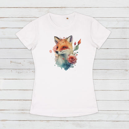 Fox T Shirt Kawaii Cute Kitsune Cub Vixen Wild Animal Nature Earth Flowers Vegan Y2K Pretty Watercolour Art Womens Girls Printed Tee Gift