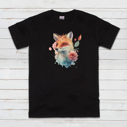 Fox T Shirt Kawaii Cute Kitsune Cub Vixen Wild Animal Nature Earth Flowers Vegan Y2K Pretty Watercolour Art Womens Mens Printed Tee Top Gift