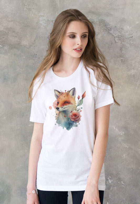 Fox T Shirt Kawaii Cute Kitsune Cub Vixen Wild Animal Nature Earth Flowers Vegan Y2K Pretty Watercolour Art Womens Mens Printed Tee Top Gift