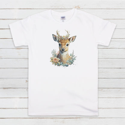 Deer T Shirt Kawaii Cute Fawn Doe Wild Baby Animal Nature Earth Reindeer Vegan Y2K Pretty Watercolour Art Womens Mens Printed Tee Top Gift