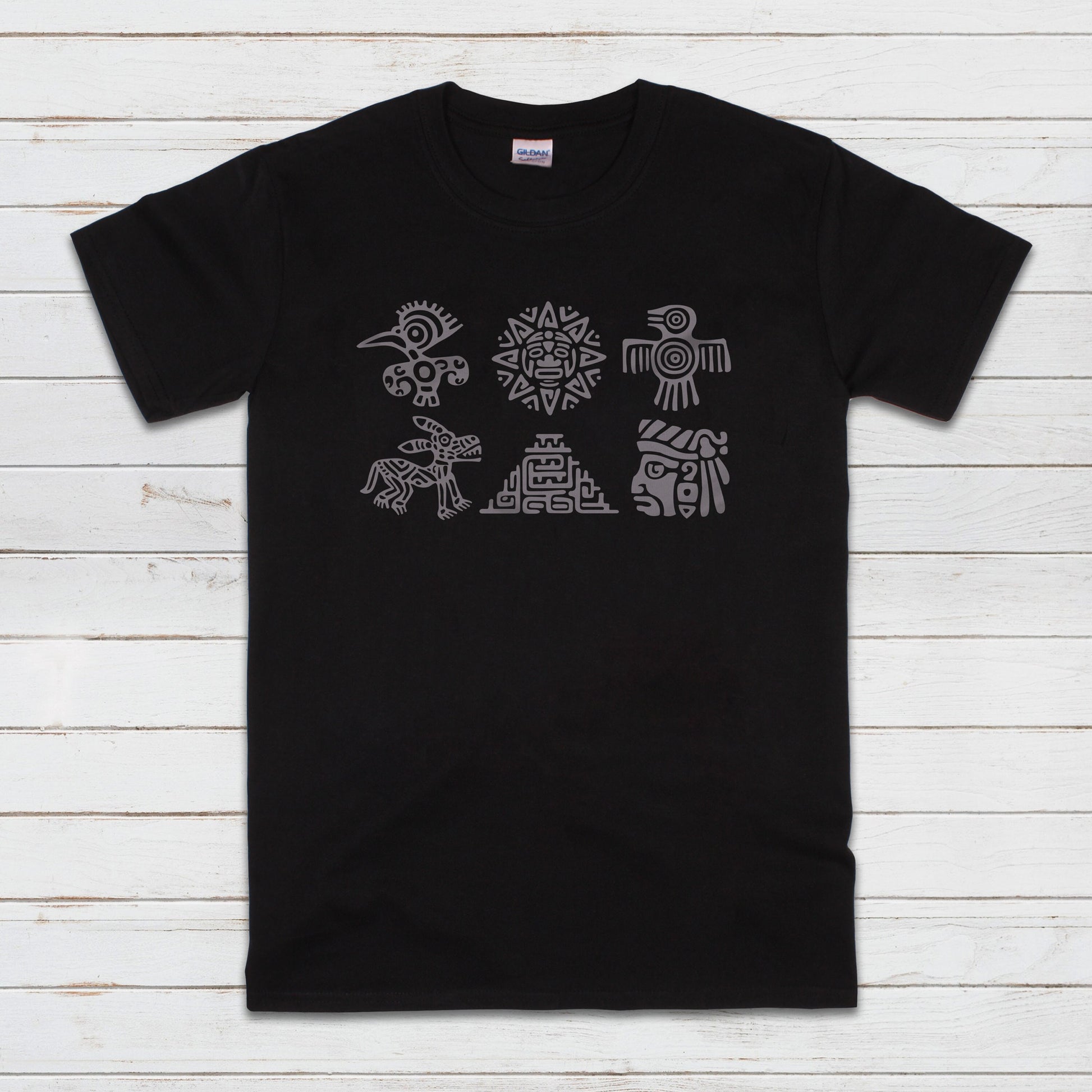 A black unisex T Shirt printed with two rows of ancient Mayan Incan Aztec symbols