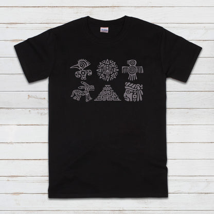 A black unisex T Shirt printed with two rows of ancient Mayan Incan Aztec symbols