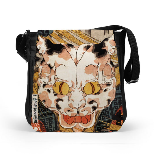 Japanese Ukiyo-e Reporter Tablet Bag Woodblock Art Utagawa Yoshifuji Mystery Cat Monster Japan Womens Mens Graphic Print Cross Body Shoulder