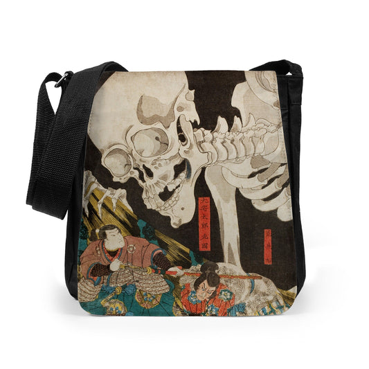 Japanese Ukiyo-e Reporter Tablet Bag Woodblock Art Kuniyoshi Mitsukuni and the Skeleton Specter Womens Mens Printed Cross Body Shoulder Bag