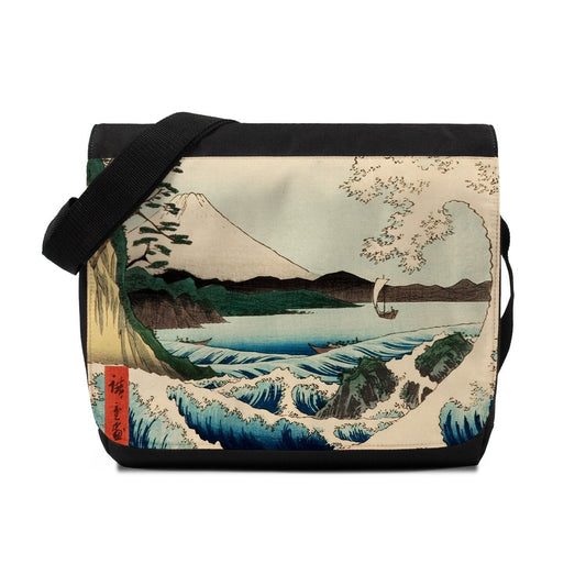 Japanese Ukiyo-e Messenger Bag Woodblock Art Hiroshige Edo Wave Mount Fuji Beautiful Calligraphy Womens Mens Printed Cross Body Shoulder Bag