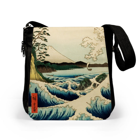 Japanese Ukiyo-e Reporter Tablet Bag Woodblock Art Hiroshige Wave Mountain Mount Fuji San Women Mens Graphic Printed Cross Body Shoulder Bag