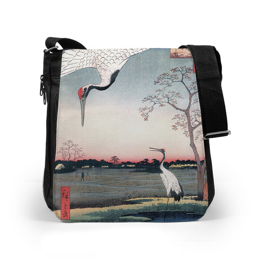 Japanese Ukiyo-e Reporter Tablet Bag Woodblock Art Crane Bird Edo Hiroshige Utagawa Pretty Beautiful Womens Mens Printed Cross Body Shoulder