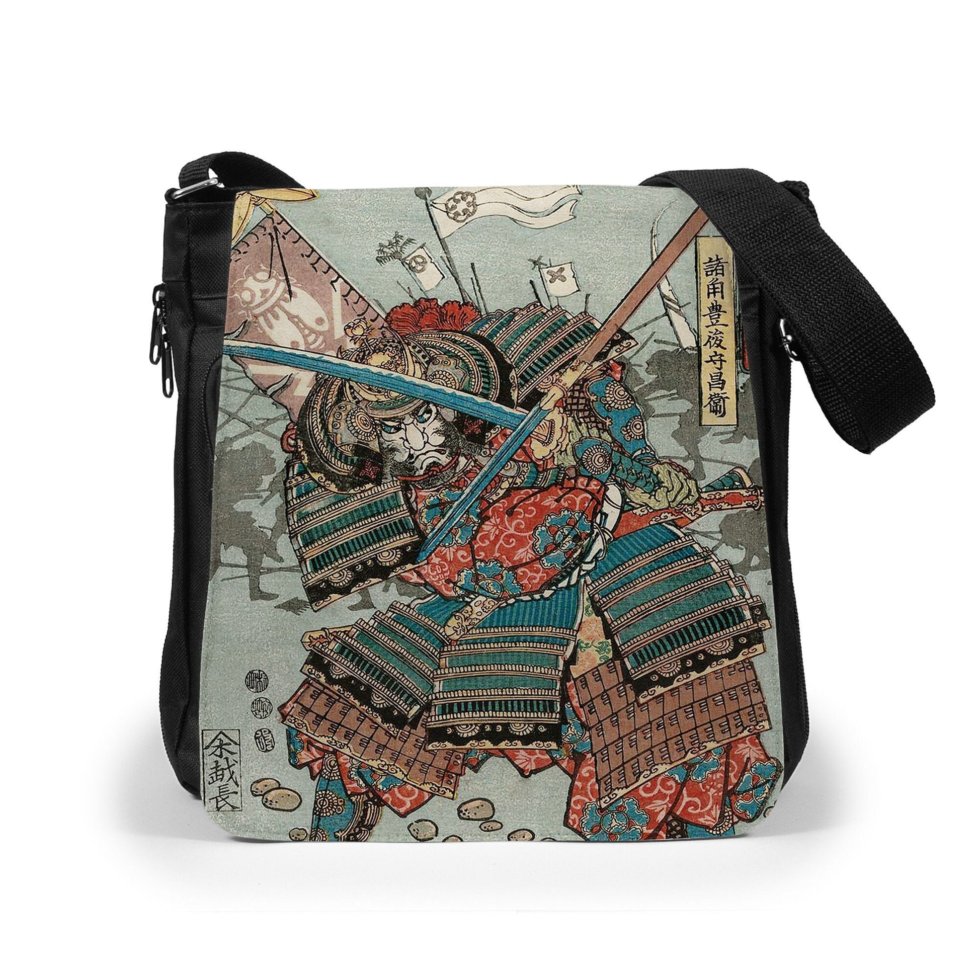 Japanese Ukiyo-e Reporter Tablet Bag Woodblock Art Yoshifuji Samurai Bushido Martial Arts Women Mens Graphic Printed Cross Body Shoulder Bag
