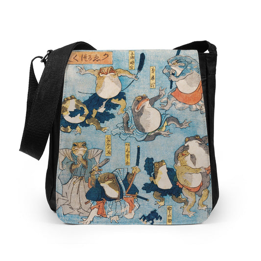 Japanese Ukiyo-e Reporter Tablet Bag Woodblock Art Kuniyoshi Samurai Frogs Toad Tattoo Cute Kawaii Womens Mens Printed Cross Body Shoulder