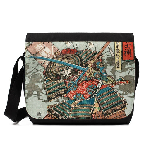 Japanese Ukiyo-e Messenger Bag Woodblock Art Utagawa Yoshifuji Samurai Armour Tattoo O-yoroi Japan Womens Mens Printed Cross Body Shoulder