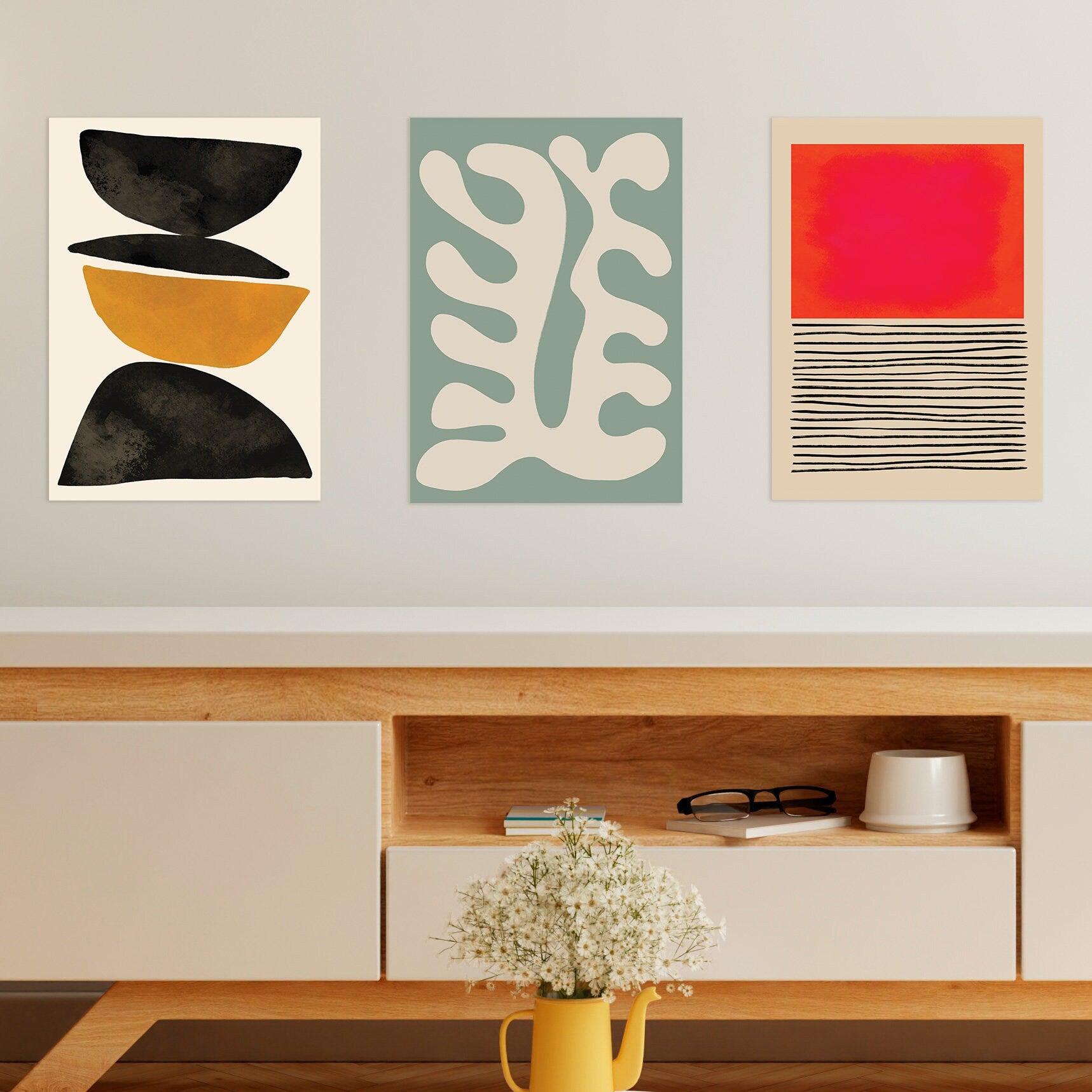 Set of 3 Three Abstract Art Print Posters Wall Home Decor Modern Contemporary Handdrawn Shapes Colorful Serene Beautiful Minimal Mid-century