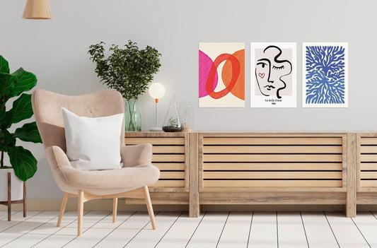Set of 3 Three Abstract Art Print Posters Wall Home Decor Modern Contemporary Handdrawn Shapes Colorful Scandi Beautiful Minimal Mid-century
