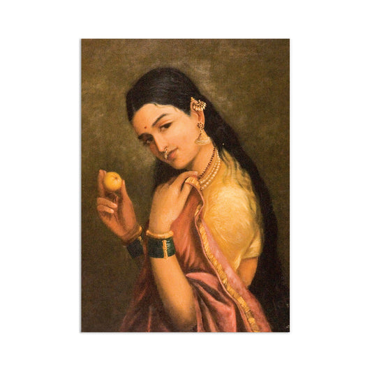 Indian Art Vintage Print Poster Antique Raja Ravi Varma Woman Holding Fruit with India Hindu Kerala Tamil Nadu Painting Beautiful Sitar A3