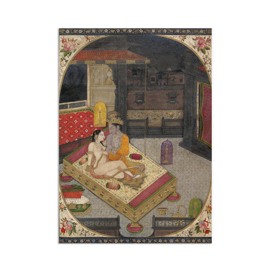 Indian Art Vintage Print Poster Antique Radha and Krishna in Bed at Night Lovers Hindu Gita Govinda Punjab India Painting Beautiful Sensual