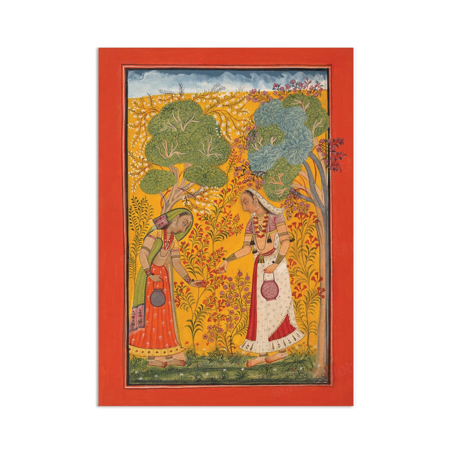 Indian Art Vintage Print Poster Antique Vasanti Ragini Mehndi Henna Spring Hindu Ragamala Punjab India Painting Beautiful Flower Garden Rani