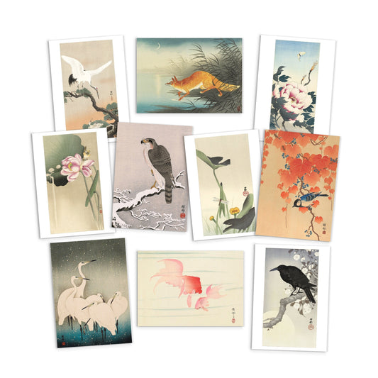 Japanese Ukiyo-e Art Postcards Set of 10 - Postcard Prints Pack Woodblock Art Print Aesthetic Ohara Koson Shoson Flowers Hawk Fox Cards Gift
