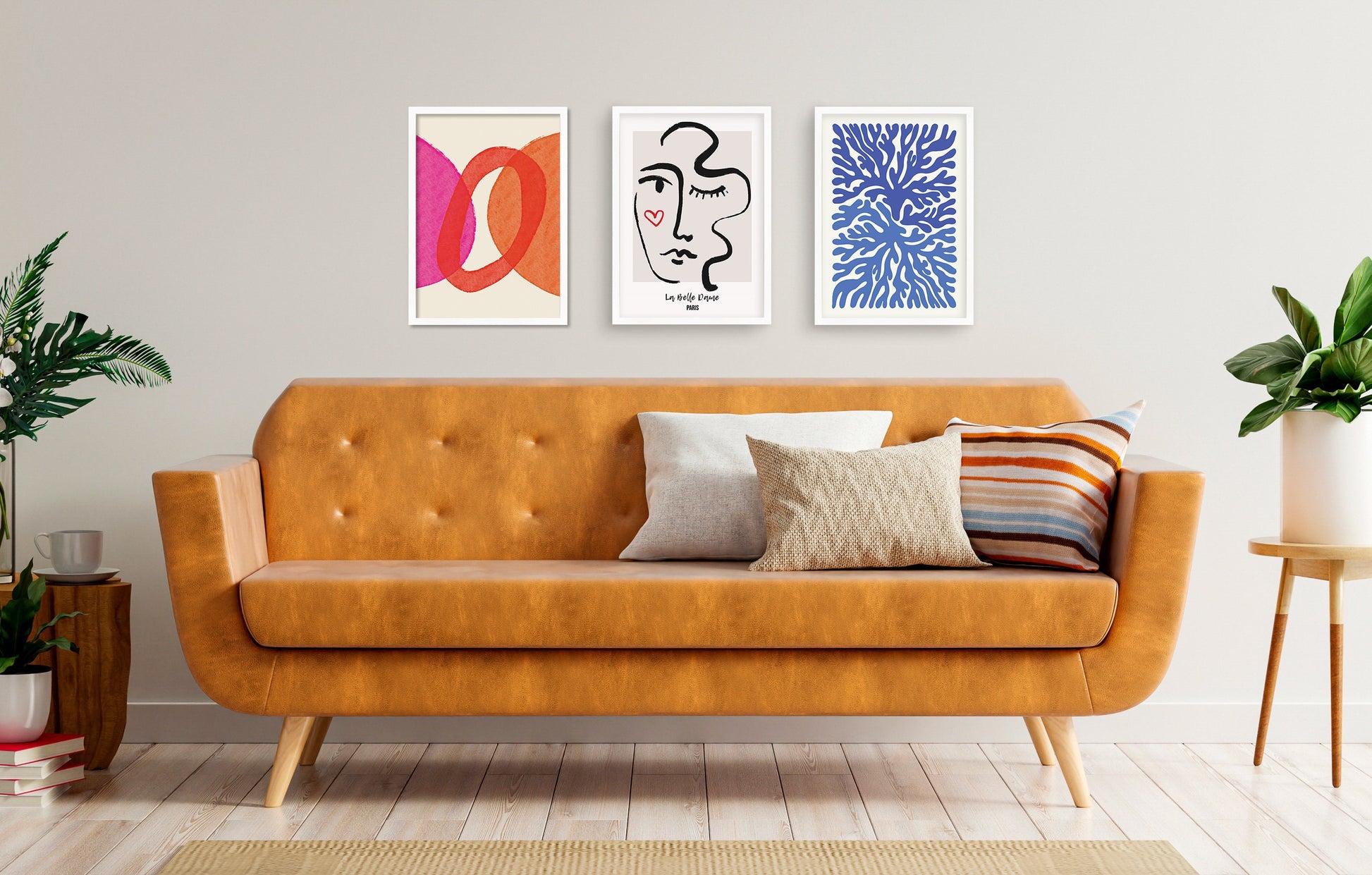 Set of 3 Three Abstract Art Print Posters Framed Frame Wall Home Decor Modern Contemporary Handdrawn Shapes Colorful Minimal Mid-century