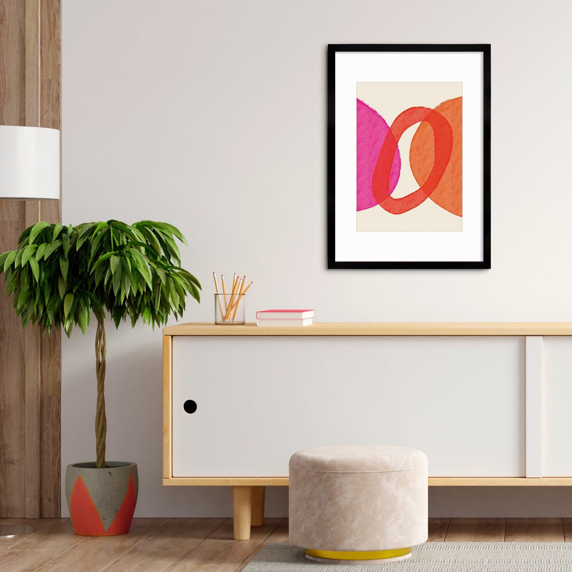 Framed Abstract Art Print Poster Wall Home Decor Modern Contemporary Pink Red Circle Shapes Colorful Unique Pretty Minimal Mid-century A3