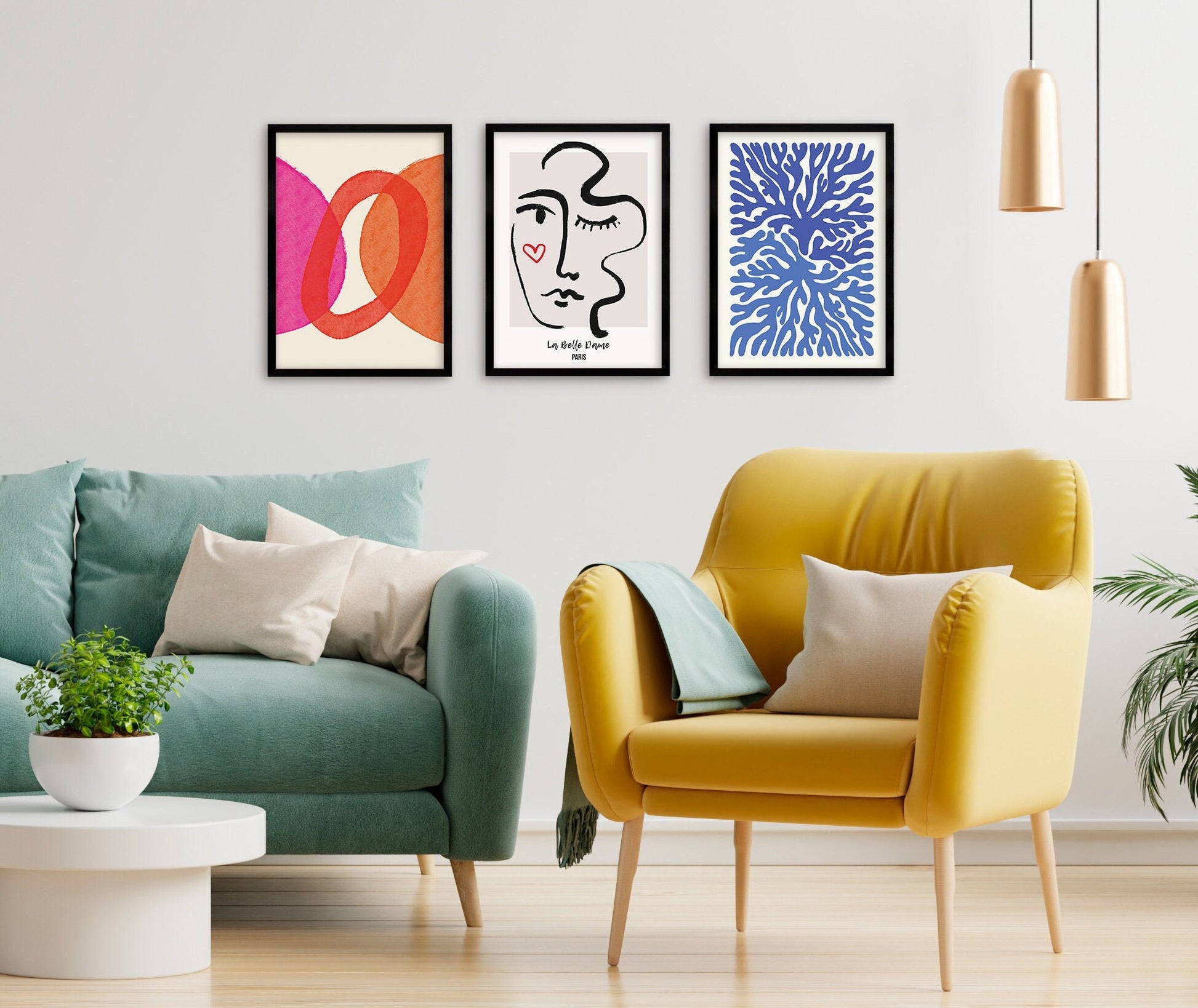 Set of 3 Three Abstract Art Print Posters Framed Frame Wall Home Decor Modern Contemporary Handdrawn Shapes Colorful Minimal Mid-century