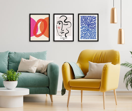 Set of 3 Three Abstract Art Print Posters Framed Frame Wall Home Decor Modern Contemporary Handdrawn Shapes Colorful Minimal Mid-century