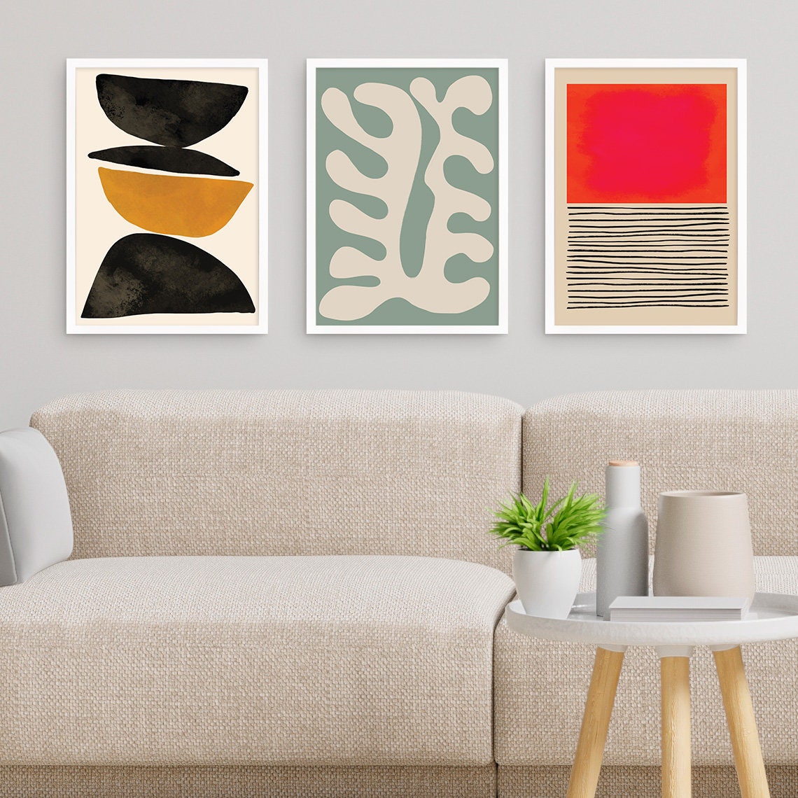 Set of 3 Three Framed Abstract Art Print Posters Wall Home Decor Modern Contemporary Handdrawn Shapes Colorful Serene Beautiful Mid-century
