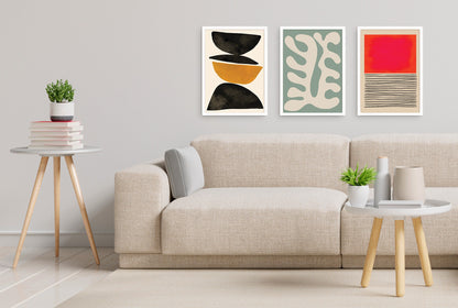 Set of 3 Three Framed Abstract Art Print Posters Wall Home Decor Modern Contemporary Handdrawn Shapes Colorful Serene Beautiful Mid-century