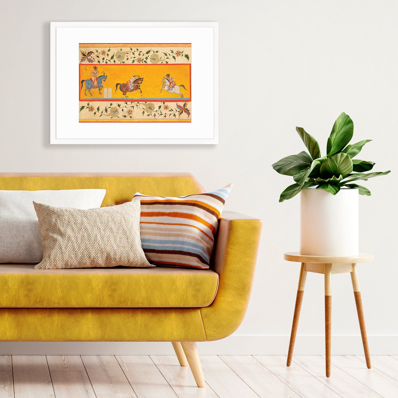 Indian Art Vintage Framed Print Poster Antique Three Polo Players Hindu Rajasthan Punjab India Kerala Maharaj Raja Painting Beautiful Frame